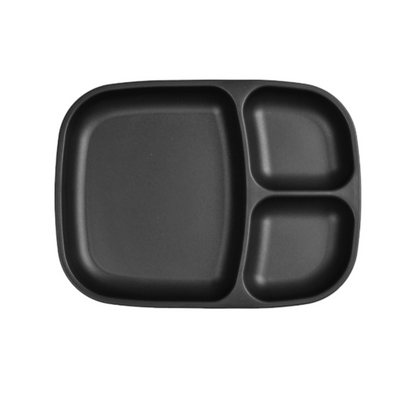 Single Re-Play recycled plastic divided tray with multiple food compartments and deep walls on a clean white background, available in Australia in black.