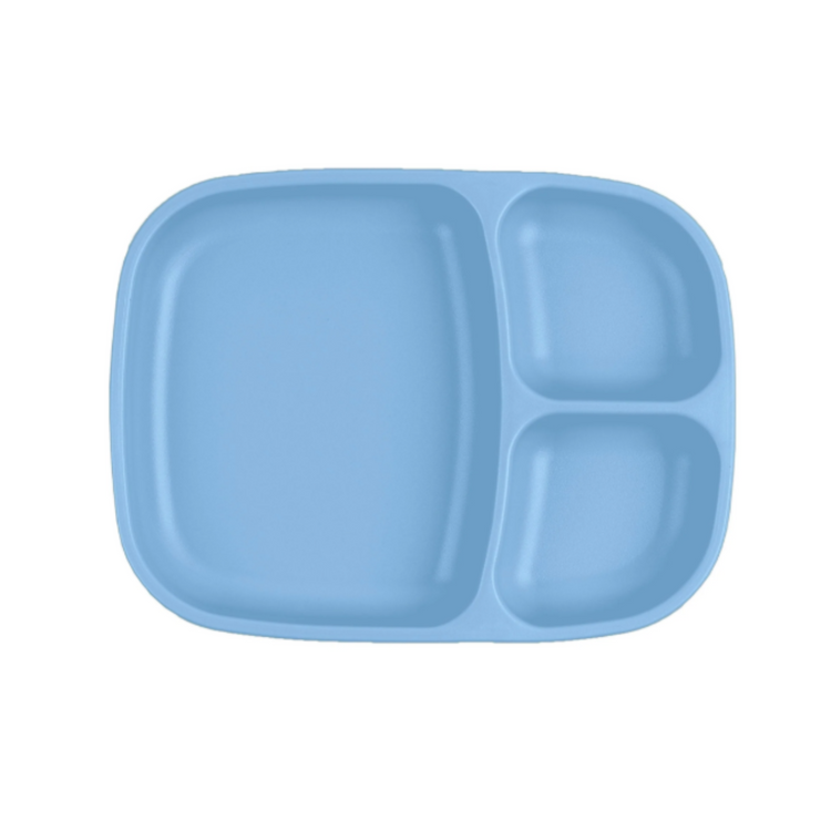 Single Re-Play recycled plastic divided tray with multiple food compartments and deep walls on a clean white background, available in Australia in denim.