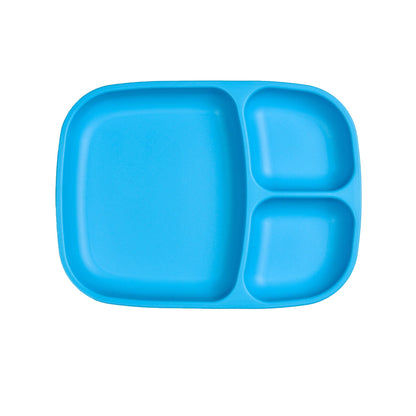 Single Re-Play recycled plastic divided tray with multiple food compartments and deep walls on a clean white background, available in Australia in sky blue.