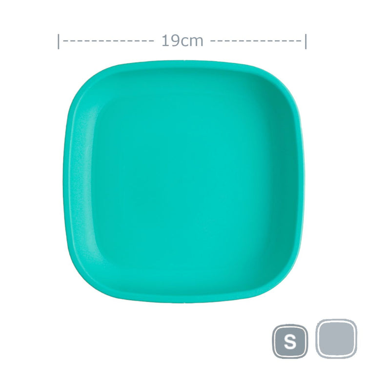 Single Re-Play recycled plastic open flat toddler plate with deep walls on a clean white background, available in Australia Aqua.