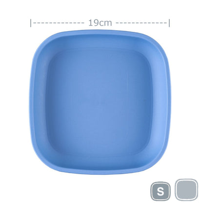 Single Re-Play recycled plastic open flat toddler plate with deep walls on a clean white background, available in Australia Denim.