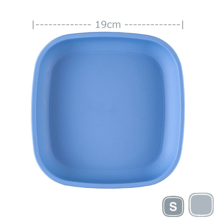 Single Re-Play recycled plastic open flat toddler plate with deep walls on a clean white background, available in Australia Denim.