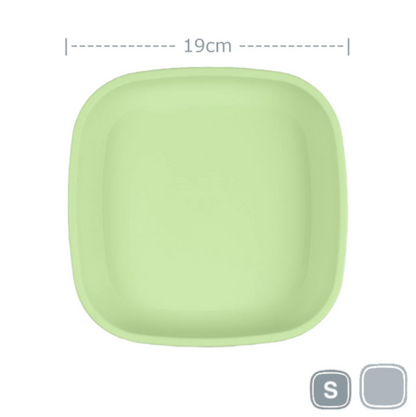 Single Re-Play recycled plastic open flat toddler plate with deep walls on a clean white background, available in Australia in leaf. 
