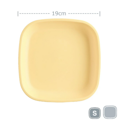 Single Re-Play recycled plastic open flat toddler plate with deep walls on a clean white background, available in Australia in lemon drop.