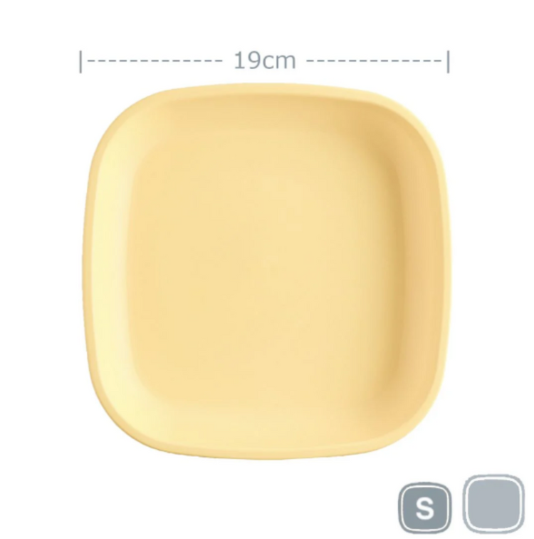 Single Re-Play recycled plastic open flat toddler plate with deep walls on a clean white background, available in Australia in lemon drop.