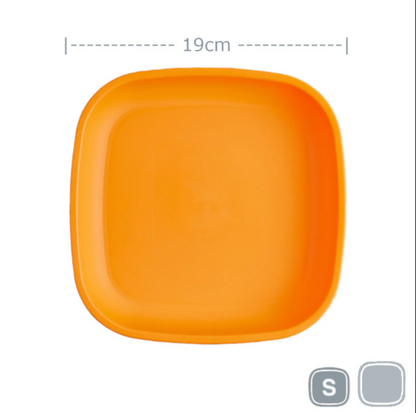 Single Re-Play recycled plastic open flat toddler plate with deep walls on a clean white background, available in Australia in orange.