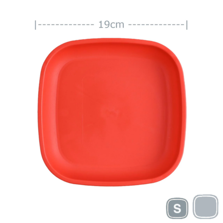Single Re-Play recycled plastic open flat toddler plate with deep walls on a clean white background, available in Australia in red.