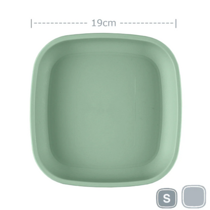 Single Re-Play recycled plastic open flat toddler plate with deep walls on a clean white background, available in Australia in sage.