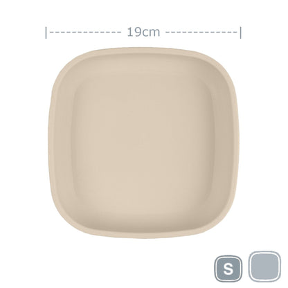 Single Re-Play recycled plastic open flat toddler plate with deep walls on a clean white background, available in Australia Sand.