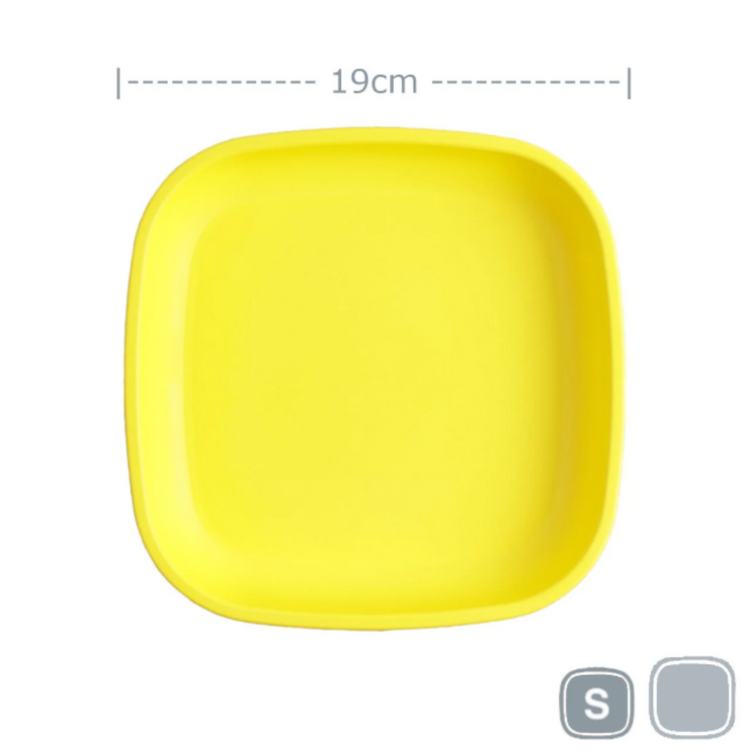 Single Re-Play recycled plastic open flat toddler plate with deep walls on a clean white background, available in Australia in yellow.