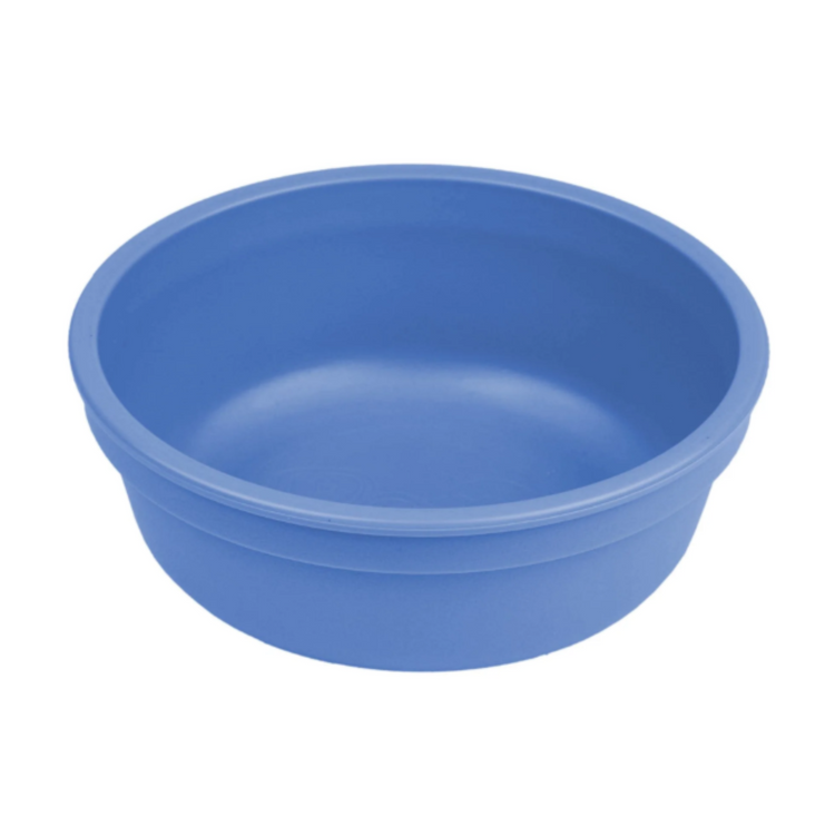 Single Re-Play recycled plastic deep kids feeding bowl with gently curved sides on a clean white background, available in Australia in denim.