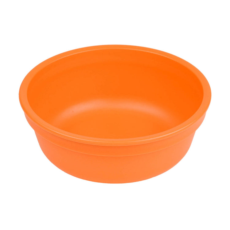 Single Re-Play recycled plastic deep kids feeding bowl with gently curved sides on a clean white background, available in Australia in Orange.