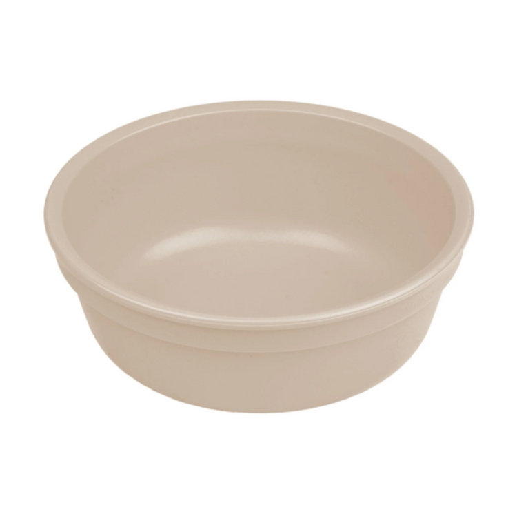 Single Re-Play recycled plastic deep kids feeding bowl with gently curved sides on a clean white background, available in Australia in sand.
