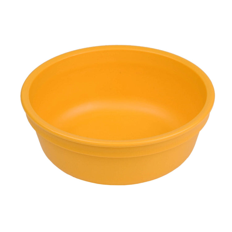 Single Re-Play recycled plastic deep kids feeding bowl with gently curved sides on a clean white background, available in Australia in Sunny Yellow.