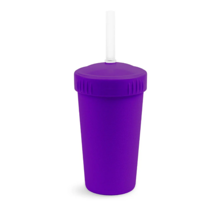 Single Re-Play recycled plastic kids straw cup with a matching screw top lid and flexible silicone straw on a clean white background, available in Australia in amethyst.