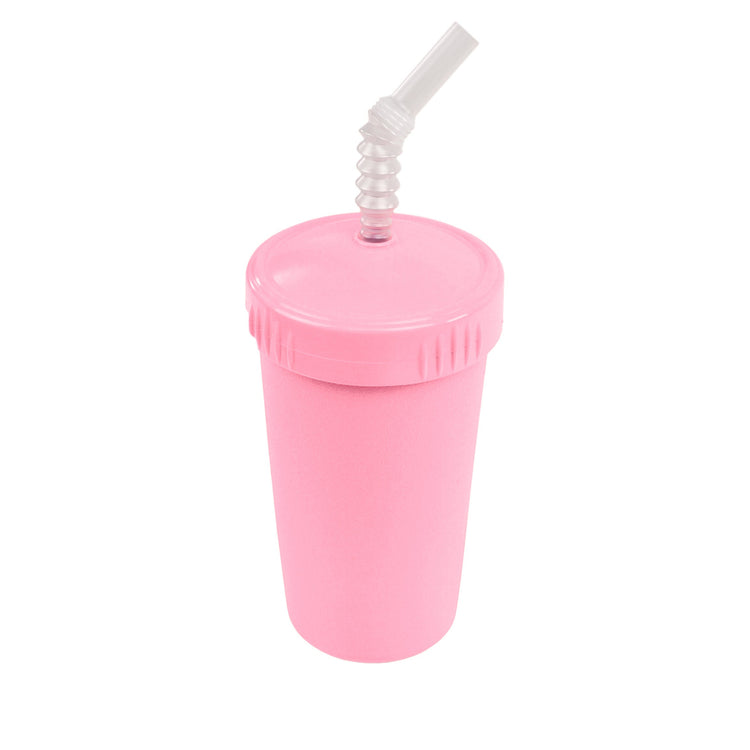 Single Re-Play recycled plastic kids straw cup with a matching screw top lid and flexible silicone straw on a clean white background, available in Australia in Baby Pink.