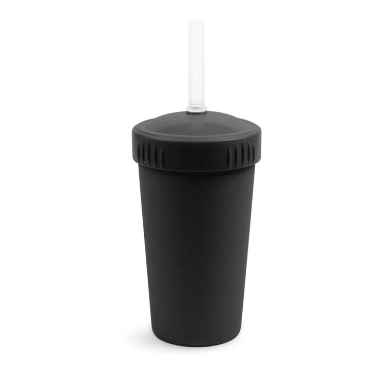 Single Re-Play recycled plastic kids straw cup with a matching screw top lid and flexible silicone straw on a clean white background, available in Australia in Black.