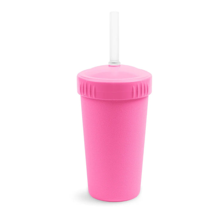 Single Re-Play recycled plastic kids straw cup with a matching screw top lid and flexible silicone straw on a clean white background, available in Australia in Bright Pink.