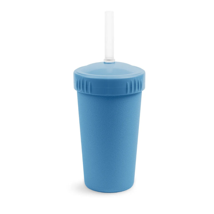 Single Re-Play recycled plastic kids straw cup with a matching screw top lid and flexible silicone straw on a clean white background, available in Australia in Denim.