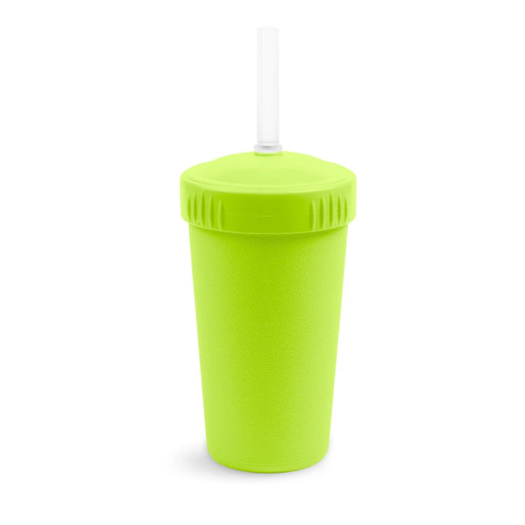 Single Re-Play recycled plastic kids straw cup with a matching screw top lid and flexible silicone straw on a clean white background, available in Australia in Green.