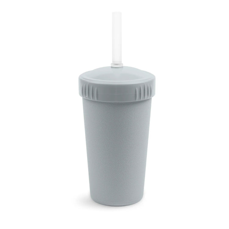 Single Re-Play recycled plastic kids straw cup with a matching screw top lid and flexible silicone straw on a clean white background, available in Australia in Grey.