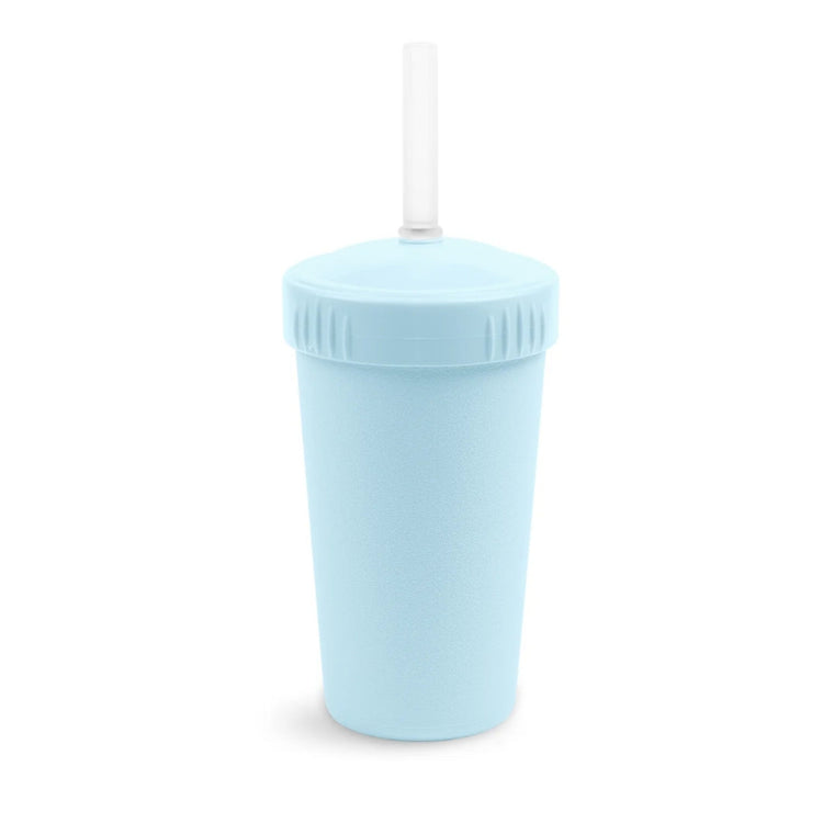 Single Re-Play recycled plastic kids straw cup with a matching screw top lid and flexible silicone straw on a clean white background, available in Australia in Ice Blue.