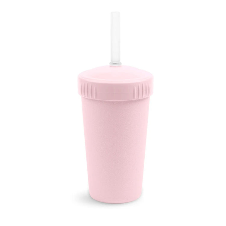 Single Re-Play recycled plastic kids straw cup with a matching screw top lid and flexible silicone straw on a clean white background, available in Australia in Ice Pink.