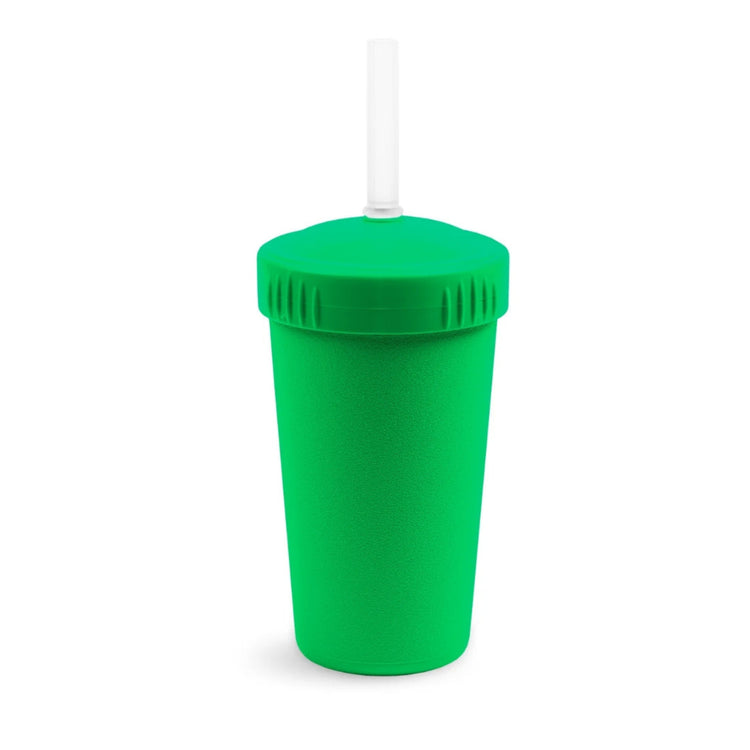 Single Re-Play recycled plastic kids straw cup with a matching screw top lid and flexible silicone straw on a clean white background, available in Australia in Kelly Green.