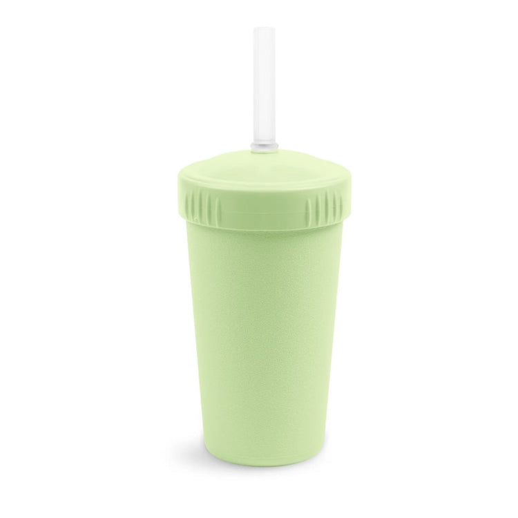 Single Re-Play recycled plastic kids straw cup with a matching screw top lid and flexible silicone straw on a clean white background, available in Australia in Leaf.