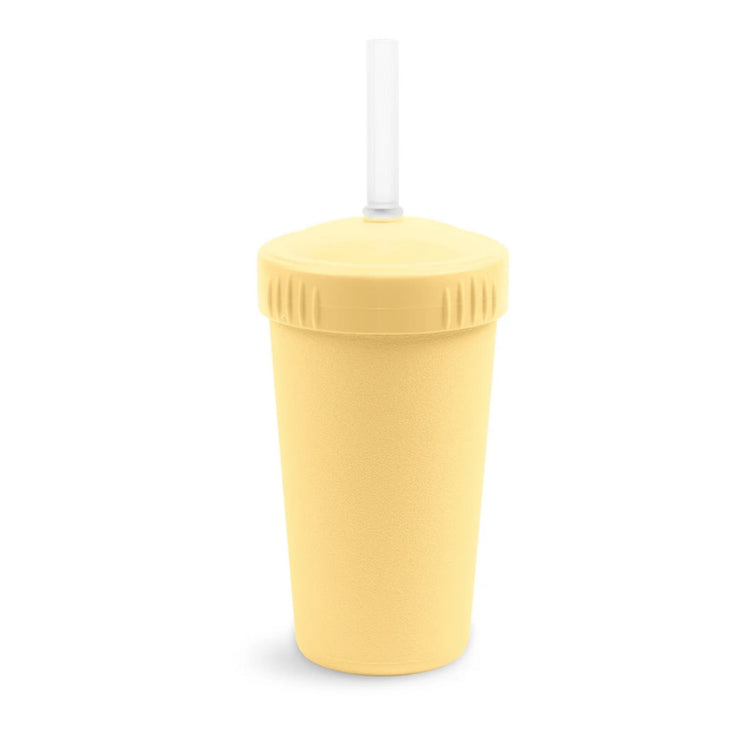 Single Re-Play recycled plastic kids straw cup with a matching screw top lid and flexible silicone straw on a clean white background, available in Australia in Lemon Drop