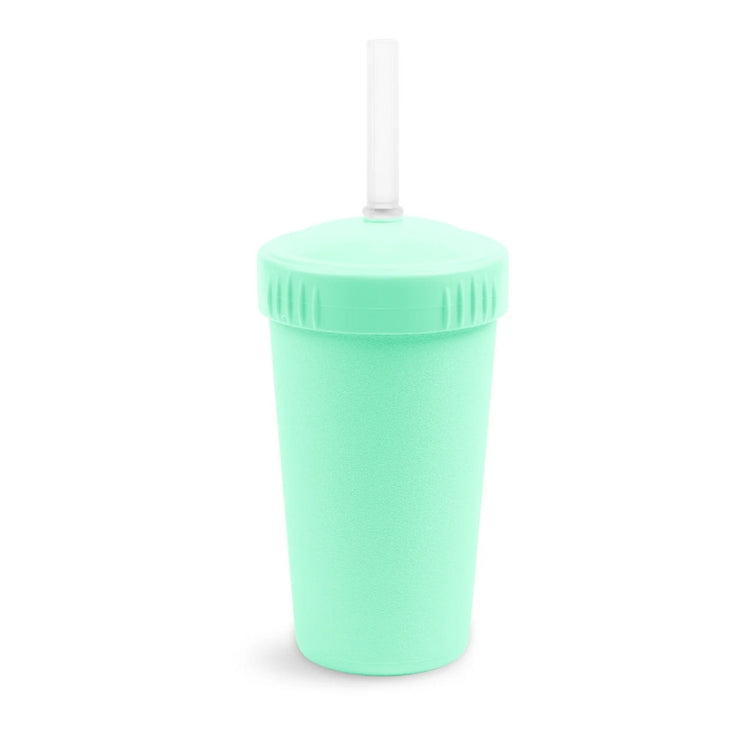 Single Re-Play recycled plastic kids straw cup with a matching screw top lid and flexible silicone straw on a clean white background, available in Australia in Mint/