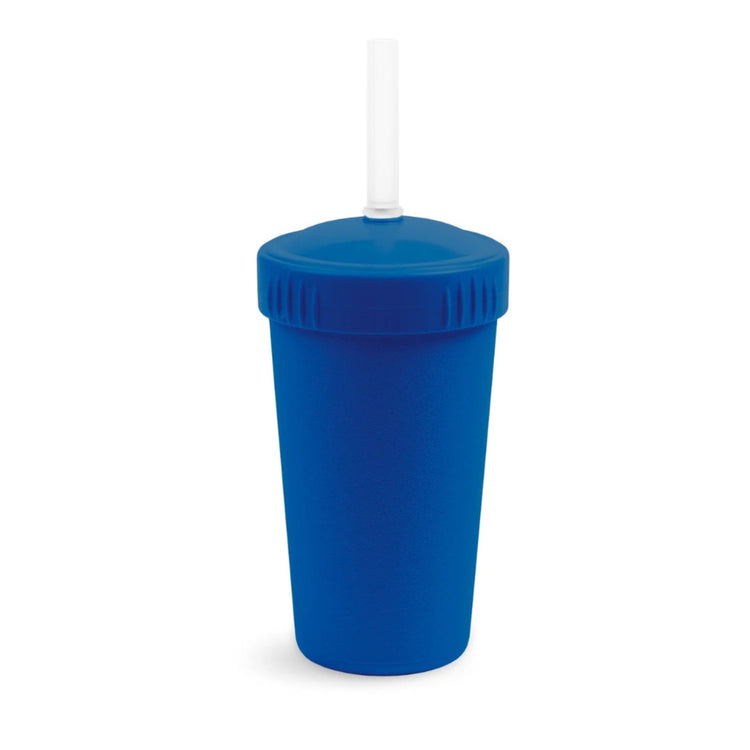 Single Re-Play recycled plastic kids straw cup with a matching screw top lid and flexible silicone straw on a clean white background, available in Australia in Navy Blue.
