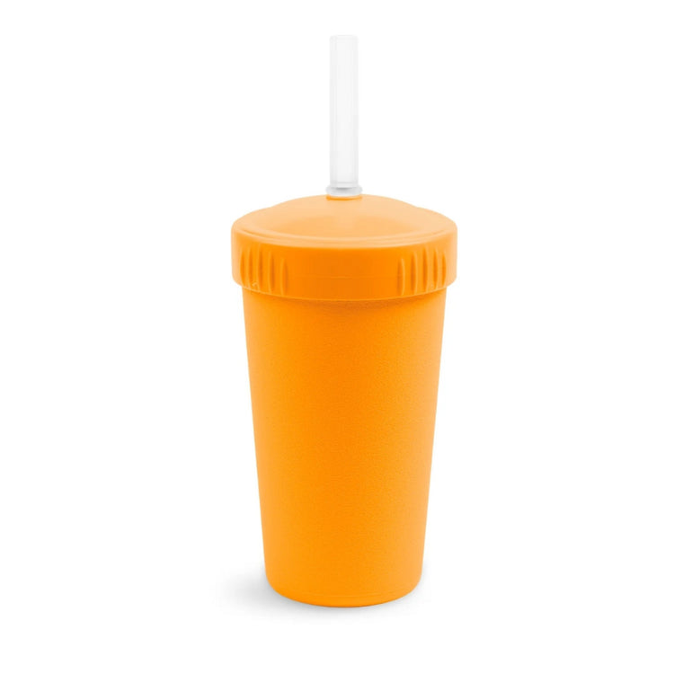 Single Re-Play recycled plastic kids straw cup with a matching screw top lid and flexible silicone straw on a clean white background, available in Australia in Orange.