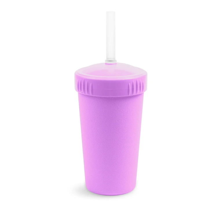 Single Re-Play recycled plastic kids straw cup with a matching screw top lid and flexible silicone straw on a clean white background, available in Australia in Purple.