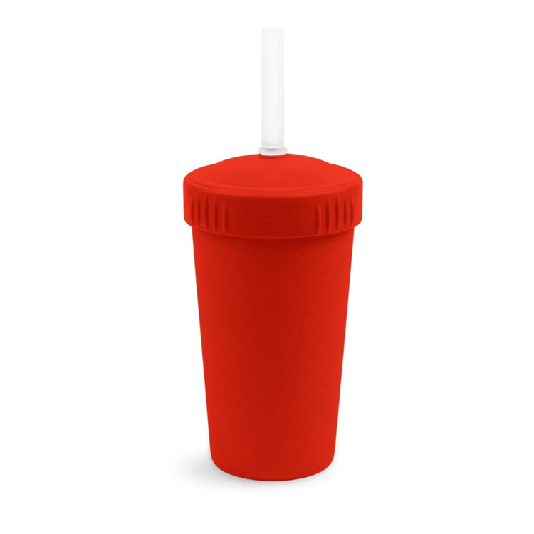 Single Re-Play recycled plastic kids straw cup with a matching screw top lid and flexible silicone straw on a clean white background, available in Australia in Red