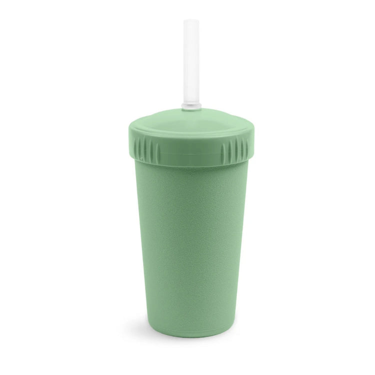 Single Re-Play recycled plastic kids straw cup with a matching screw top lid and flexible silicone straw on a clean white background, available in Australia in Sage.