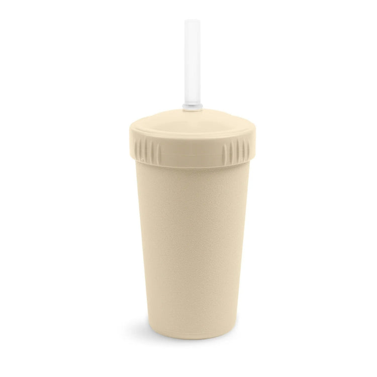 Single Re-Play recycled plastic kids straw cup with a matching screw top lid and flexible silicone straw on a clean white background, available in Australia in Sand.