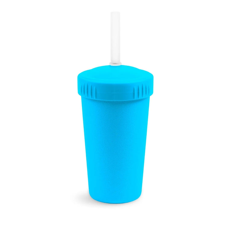 Single Re-Play recycled plastic kids straw cup with a matching screw top lid and flexible silicone straw on a clean white background, available in Australia in Sky Blue.