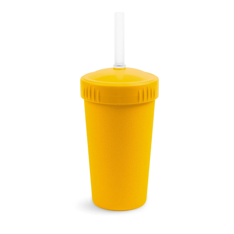 Single Re-Play recycled plastic kids straw cup with a matching screw top lid and flexible silicone straw on a clean white background, available in Australia in Sunny Yellow.