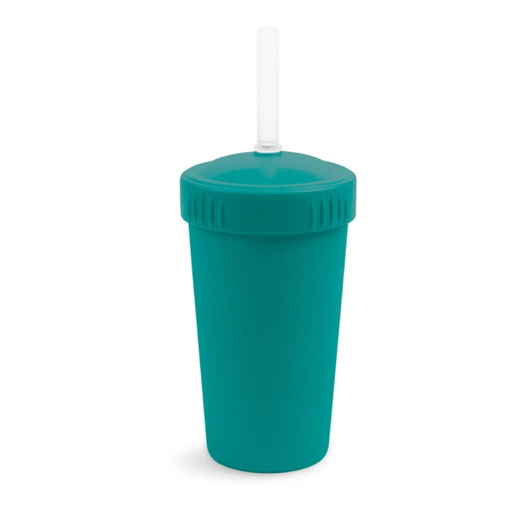 Single Re-Play recycled plastic kids straw cup with a matching screw top lid and flexible silicone straw on a clean white background, available in Australia in Teal.