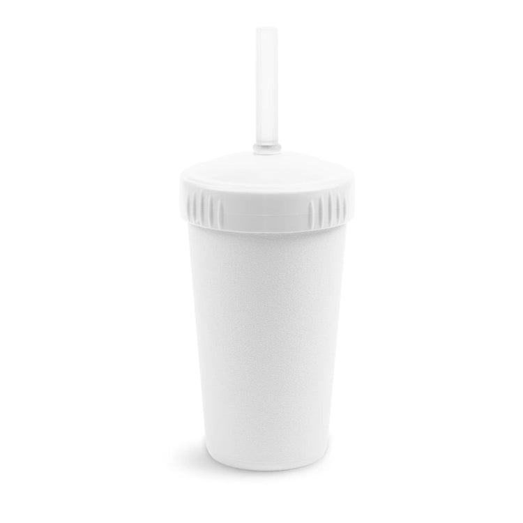 Single Re-Play recycled plastic kids straw cup with a matching screw top lid and flexible silicone straw on a clean white background, available in Australia in White.