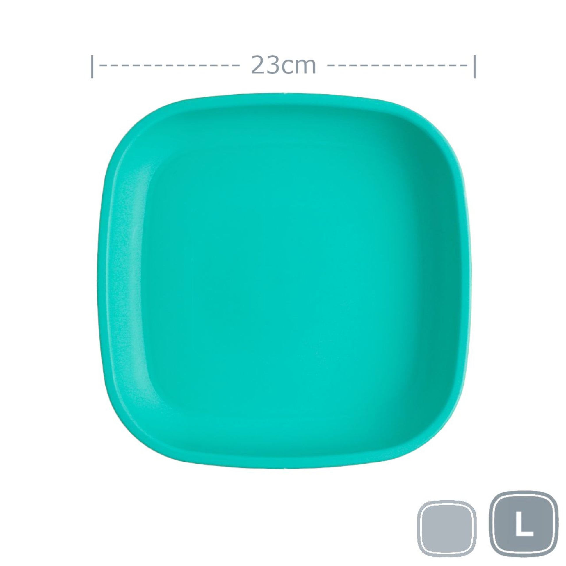 Single Re-Play recycled plastic large flat dinner plate with deep rim edges on a clean white background, available in Australia in Aqua