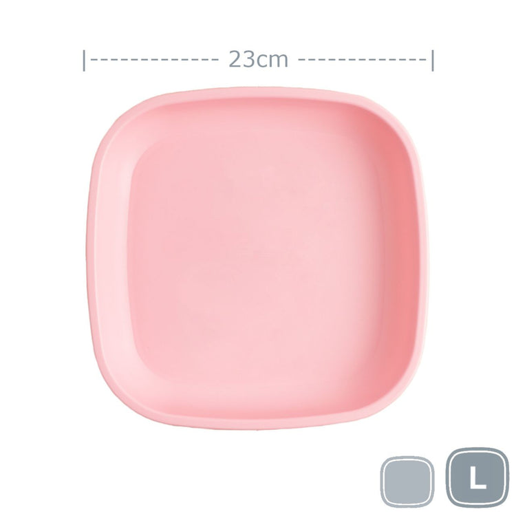 Single Re-Play recycled plastic large flat dinner plate with deep rim edges on a clean white background, available in Australia in Baby Pink