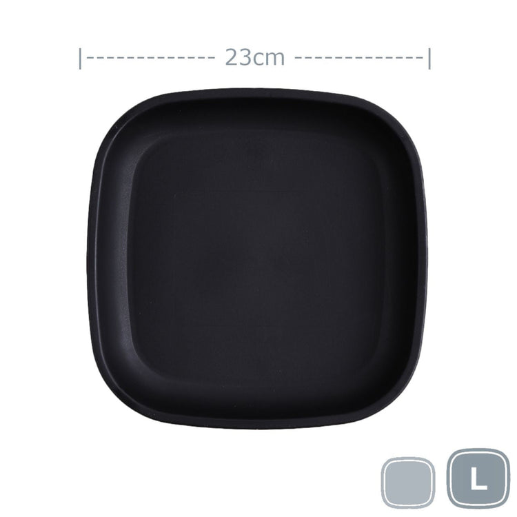Single Re-Play recycled plastic large flat dinner plate with deep rim edges on a clean white background, available in Australia in Black