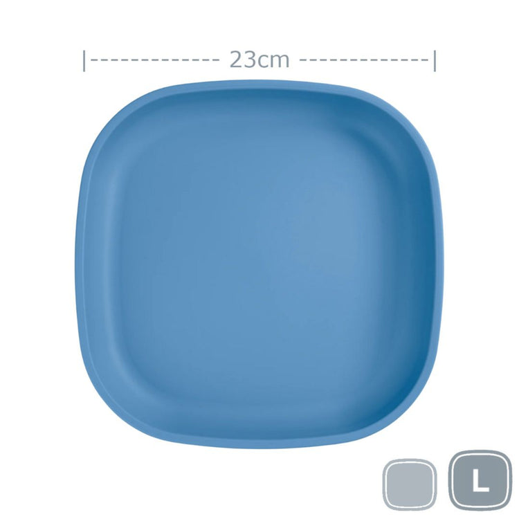 Single Re-Play recycled plastic large flat dinner plate with deep rim edges on a clean white background, available in Australia in denim.