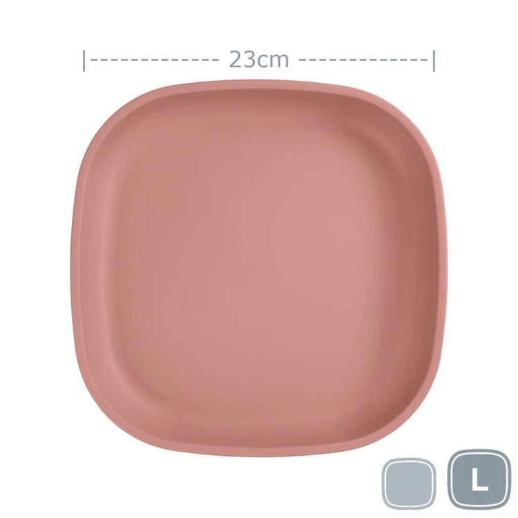 Single Re-Play recycled plastic large flat dinner plate with deep rim edges on a clean white background, available in Australia in desert