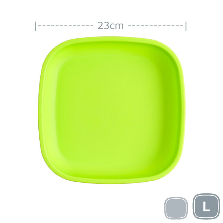 Single Re-Play recycled plastic large flat dinner plate with deep rim edges on a clean white background, available in Australia in Green.