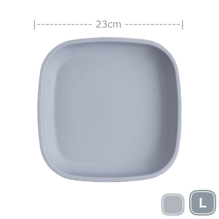 Single Re-Play recycled plastic large flat dinner plate with deep rim edges on a clean white background, available in Australia in Grey.