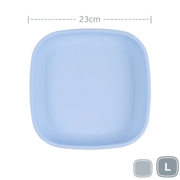Single Re-Play recycled plastic large flat dinner plate with deep rim edges on a clean white background, available in Australia in ice blue.
