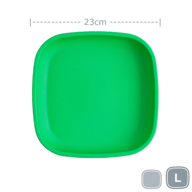Single Re-Play recycled plastic large flat dinner plate with deep rim edges on a clean white background, available in Australia in kelly green.